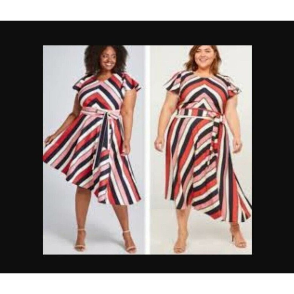 Lane Bryant Striped Belted Knit Dress Womens 26 Asymmetrical Hem Short Flared
